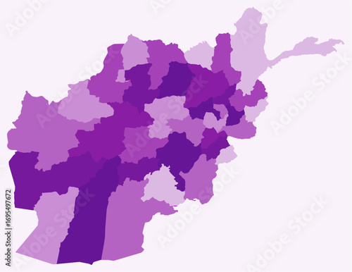 Map of Afghanistan with regions. Just a simple country border map with region division. Purple color palette. Flat Afghanistan shape with administrative division. Vector illustration.