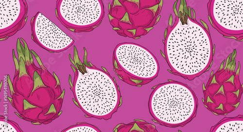 Vibrant dragon fruit pattern for summer designs, tropical menus, and exotic food packaging projects