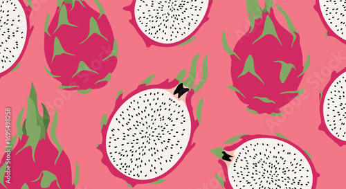 Vibrant pink dragon fruit pattern, bold and modern for summer design projects, eye catching, fresh