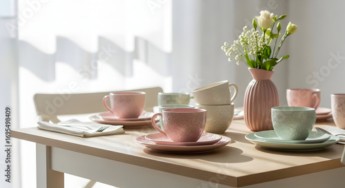 Wallpaper Mural Still life of a pastel tea set, plates, flowers, and a delicate interior setting Torontodigital.ca