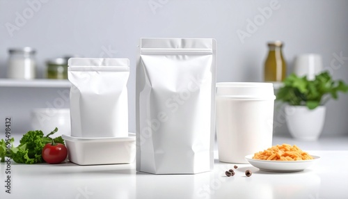 Clean studio shot of diverse blank white product packaging, including stand-up pouches and containers, with fresh food elements, perfect for branding, mockups, and design presentations