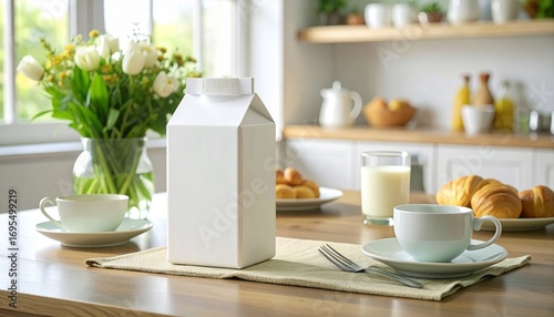 Wallpaper Mural A carton of milk and a cup of coffee on a table with croissants and flowers on a sunny day Torontodigital.ca