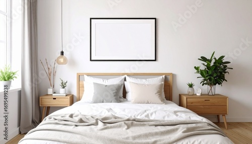 Serene and bright modern bedroom interior featuring a wooden bed, cozy linens, and a blank horizontal poster frame mockup on the wall for art display