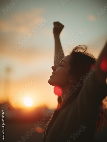 A joyful woman celebrates against a sunset backdrop, arms raised, embodying freedom and happiness in a moment of tranquility.