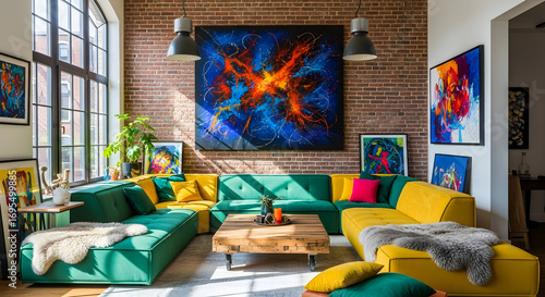 Stylish and Modern Living Room with Abstract Art, Brick Wall, and Colorful Furniture