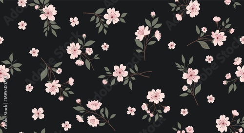 Elegant floral pattern design with soft pink blossoms on dark background offering a delicate and romantic feel