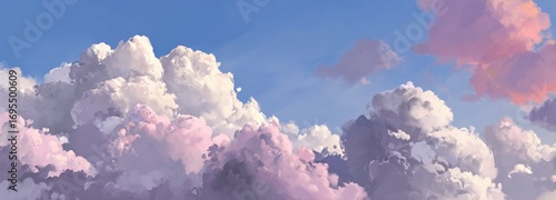 Painterly sky scene showing dense, layered clouds tinted with soft pink and lilac tones against a clear blue background
