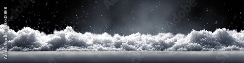 A snowy landscape with a cloud-like formation under a dark, blurry sky with snow falling