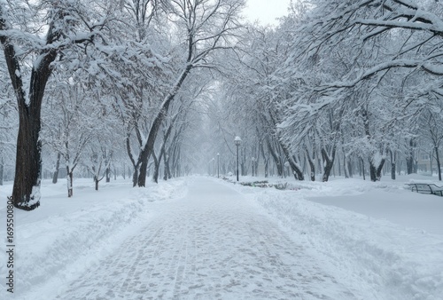 Snow-covered path through a park lined with trees in winter. A few benches visible in the distance. Overcast day, gray sky