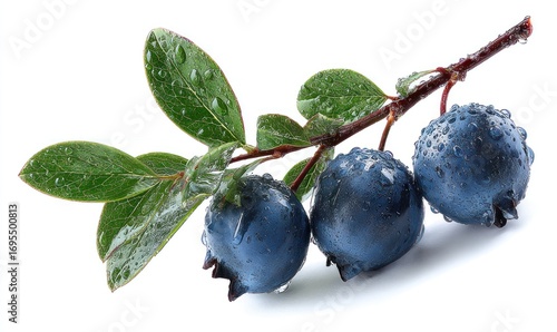 A sprig of ripe blueberries with small green leaves, glistening with water droplets, against a stark white backdrop