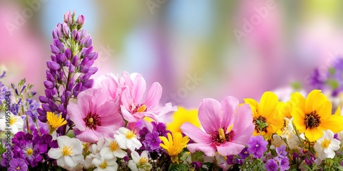 A colorful array of wildflowers, including pink, purple, yellow, and white blossoms, set against a blurred pastel background