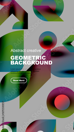 Abstract geometric background features vibrant shapes, colors. Text promotes content with read more button. Modern design elements present.
