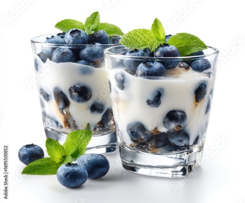 Two glasses of creamy yogurt parfait topped with blueberries and mint leaves on a bright white background