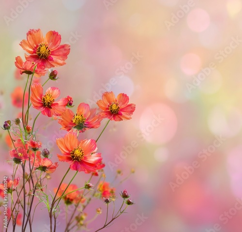 Vivid orange flowers on slender stems bloom against a soft, colorful bokeh background with light pinks and yellows