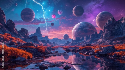 A breathtaking alien landscape, filled with vibrant colors and celestial bodies, reflecting in a tranquil river.
