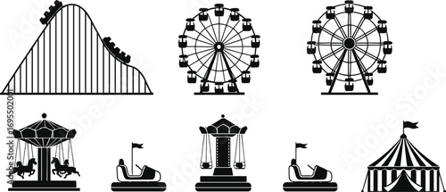 Amusement park rides silhouettes, roller coaster, ferris wheel, carousel, bumper cars, swing ride, circus tent, carnival entertainment icons.