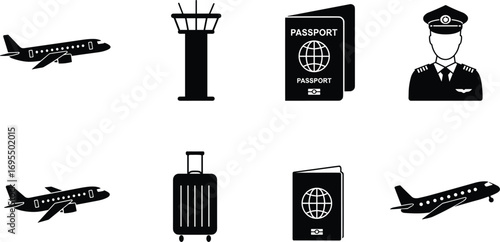 Air travel icon set featuring airplane, control tower, pilot, passport, and luggage symbols, perfect for aviation, tourism, and travel-related design projects.