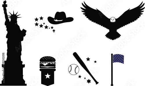 American culture vector icons, Statue of Liberty, bald eagle, cowboy hat, baseball, burger, stars, flag, USA tradition symbols, silhouette design.