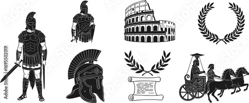 Ancient Roman warrior gladiator armor, helmet, sword, chariot, laurel wreath, scroll, and Colosseum architecture historic illustration