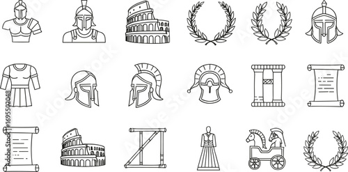 Ancient Roman gladiator armor, helmets, laurel wreaths, Colosseum, scrolls, clothing, chariot, and historical symbols black outline set