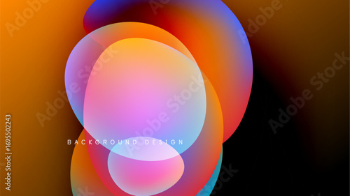 Abstract colorful shapes overlap, creating vibrant gradients. Background is black, design feels modern, fluid.