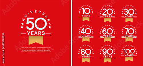 set of anniversary logo style with gold ribbon. vector design white color for celebration