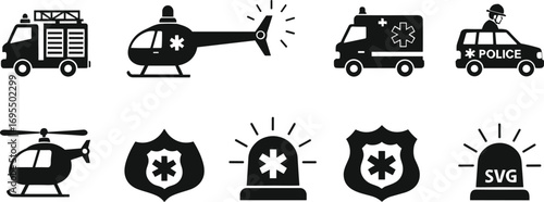 Emergency vehicles icons set, fire truck, ambulance, police car, helicopters, emergency siren, law enforcement, medical emergency, rescue services, public safety symbols.