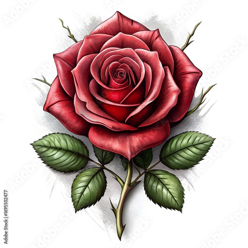 Detailed dark red rose with green leaves and thorny stem close up beauty