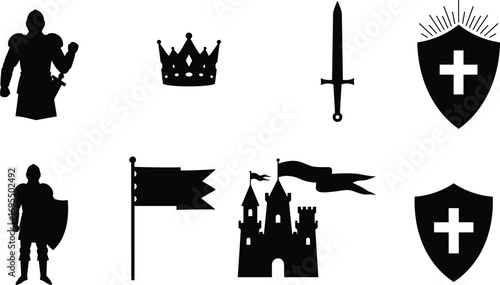 Medieval knight and warrior icons, royal crown and sword symbols, castle and flag illustration, shield with cross, historic chivalry and protection concepts.