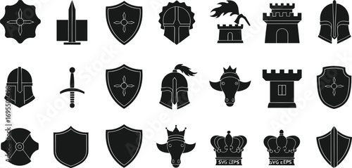 Medieval icons set including shield, sword, helmet, crown, castle, fortress, knight, armor, flame torch, and king symbols for historical design