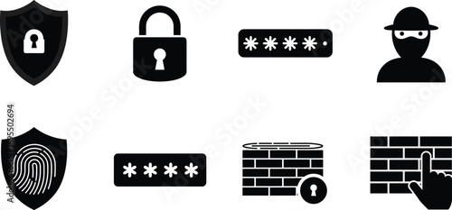 Set of black and white cybersecurity icons including shield with lock, padlock, password fields, hacker, fingerprint security, firewall, and hand pointing firewall protection symbols.