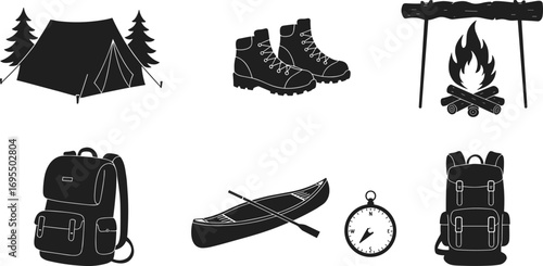 Set of camping and hiking icons including tent, boots, campfire, backpacks, canoe with paddle, compass, and outdoor adventure gear for nature lovers.