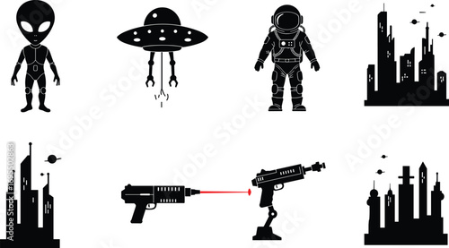 Set of futuristic space icons including alien figure, flying saucer UFO, astronaut suit, sci-fi cityscape, laser guns, and robot arm shooter.