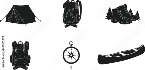 Set of outdoor camping and hiking icons including tent, backpack with campfire, hiking boots, compass, canoe, and adventure gear for nature exploration.