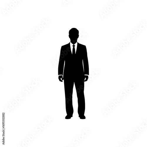 A full-body silhouette of a successful businessman in a suit and tie, standing confidently