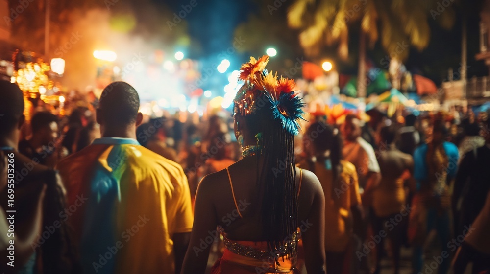Fototapeta premium Carnival Reveler: Vibrant Night Parade with Festive Headpiece
