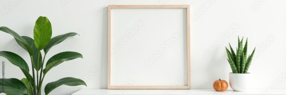 Obraz premium Empty square frame on white wall, indoor plant accent , artwork, photography