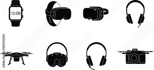 Vector icons of smartwatch, VR headset, headphones, drone, camera, wearable technology, digital devices, modern tech gadgets, electronic equipment, black silhouettes.