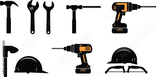 Vector set of hammer, wrench, adjustable wrench, hand drill, power drill, safety helmet, and safety goggles icons for construction.