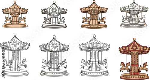 Vintage carousel illustrations, hand-drawn merry-go-round sketches, amusement park ride drawings, classic fairground horses, retro carnival artwork collection.