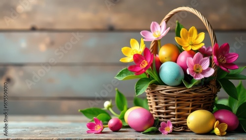 Rustic wooden backdrop, vibrant eggs, blooming spring flowers in woven basket , spring decor, seasonal, top view