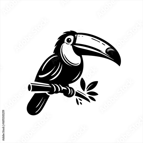 Black and white illustration of a toucan perched on a branch