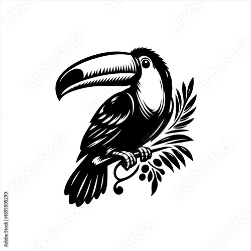 Stylized black and white toucan perched on a branch with leaves
