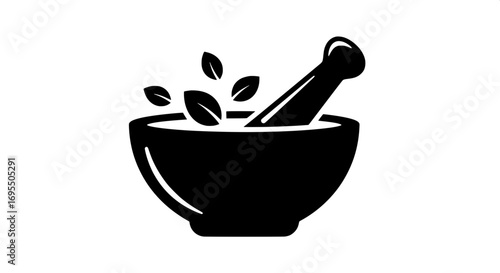 Black and white vector illustration of a mortar and pestle with herbs, perfect for herbal medicine, pharmacy, or cooking themes