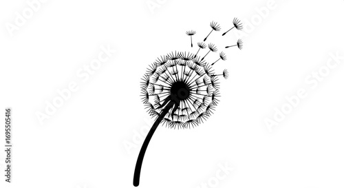 Abstract monochrome illustration capturing the delicate moment of dandelion seeds gracefully dispersing in the wind, symbolizing wishes and new beginnings, and the ephemeral beauty of nature's cycle