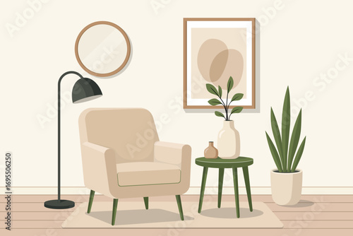 The modern interior living room showcases an armchair and decorative accessories set against a white wall. Full Vector NOT AI GENERATED!