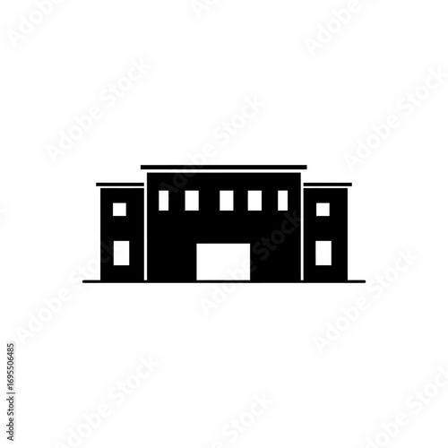3D render of a modern office interior with black and white furniture, wooden floors, and a bookshelf against the wall