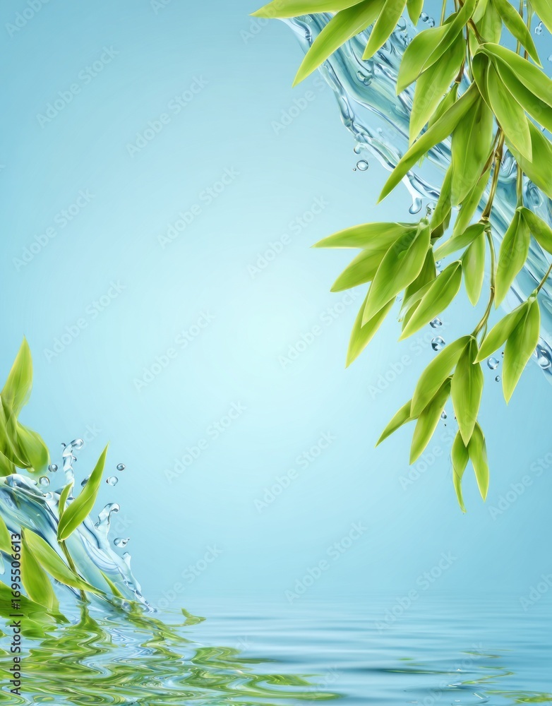 Obraz premium Serene depiction of translucent water splashes intertwined with vibrant green leaves against a soft blue gradient background