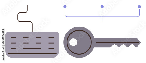 Keyboard and key with connecting lines representing cybersecurity, encryption, password access, data protection, authentication. Ideal for tech, security, privacy, innovation web connectivity
