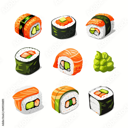 delicious salmon sushi rolls with wasabi on white background japanese food